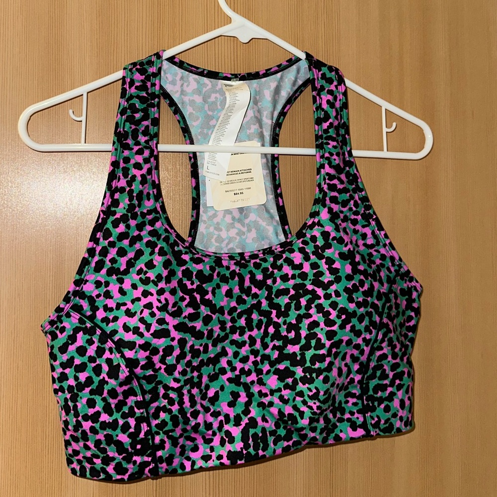 Fabletics On The Go Medium Impact Sports Bra Size Large Grass Green Safari Print